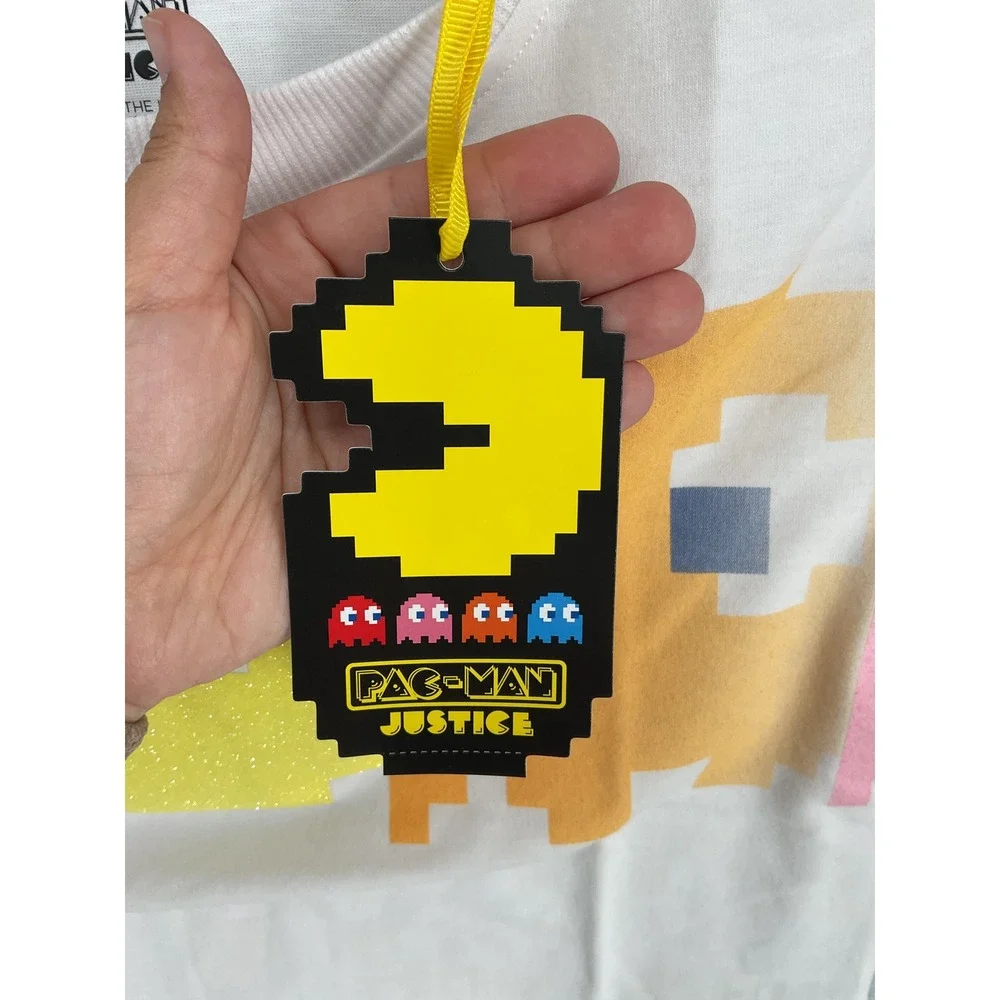 Justice Girls Pac-Man Cropped Graphic Tee White Retro Pixel Art Size M 10